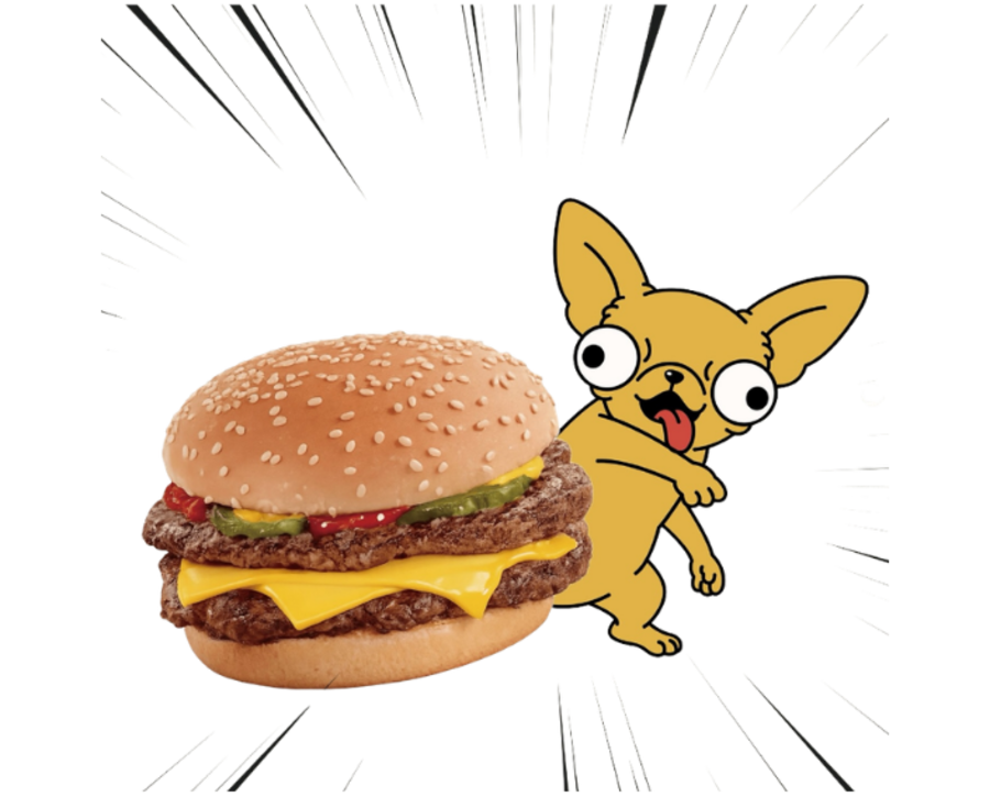 Blub lunging at a burger that is not his